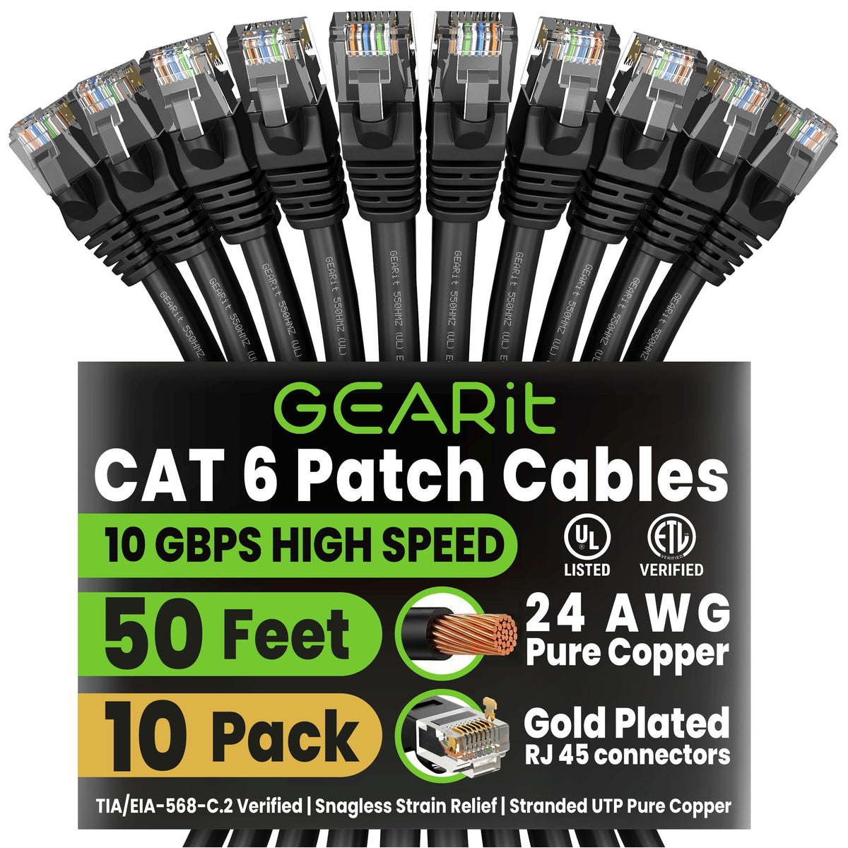 GEARit Cat6 Patch Cables Cat 6 Ethernet Cable 6 ft 10-Pack Green
