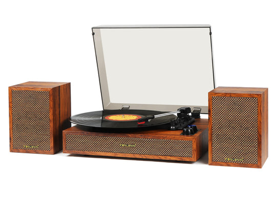 Vinyl Record Player with External Speakers, 3 Speed Vintage Stereo Turntable for Vinyl Records, Bluetooth Input, Auto Stop & Belt Driven System, RCA Out and Aux in - Brown