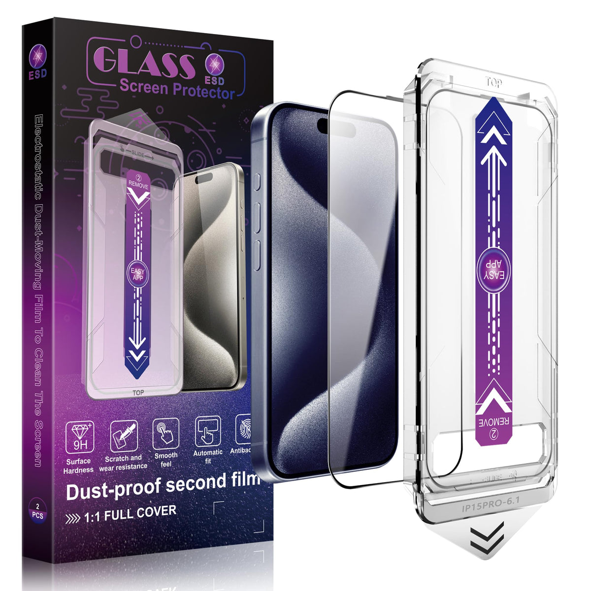 SHANG PIN JIA 2 Pack Screen Protector Tempered Glass for iPhone 15 Pro Max 6.7-Inch Auto Dust Removal, No Bubbles, High Definition Clear, Easy Installation