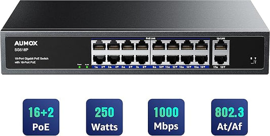Aumox 18 Port Gigabit PoE Switch 16 PoE + 2 Uplink Ports 250W Unmanaged