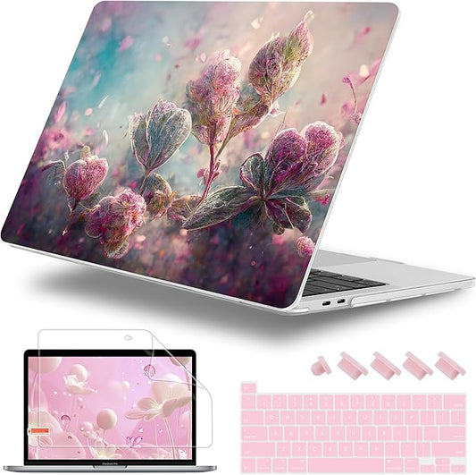 Lepeoac Case for MacBook Pro 13 inch Case M2 2022-2016 A2338 M1 A2251 A2289 A2159 A1989 A1708 A1706, Plastic Hard Shell + Keyboard Cover + Dust Plug - Flowers
