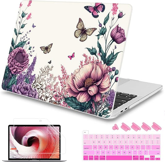 Mektron Designed Case for MacBook Pro 16 Inch A2141 Cover 2019 Release 16" with Liquid Retina Display/Touch ID, Plastic Hard Shell with Keyboard Skin & Screen Protector, Butterfly Flower C077