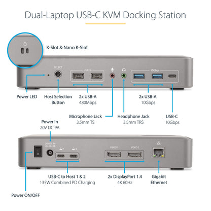 StarTech Dual-Host USB-C KVM Dock, Dual 4K 60Hz DisplayPort, GbE, 90W, TAA