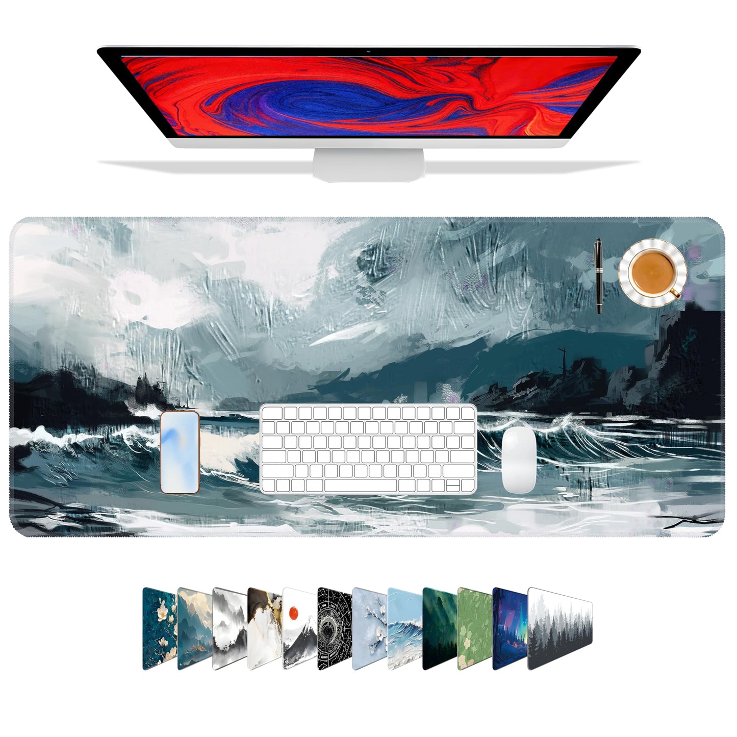 Galdas Gaming Mouse Pad XXL XL Large Long Extended Big Mousepad Non-Slip Rubber Keyboard Mouse Pad with Stitched Edges for Laptop Home Office (31.5x11.8x0.08 Inch) … (Ink Painting)