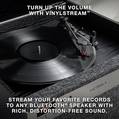Victrola Century 6-in-1 Vinyl Record Player & Music Center – 3-Speed Turntable, CD & Cassette Player, VINYLSTREAM, Bluetooth & 3.5mm Aux, Record Player with Speakers, Mid Century Design (Black)
