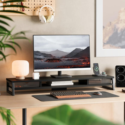 Fenge Dual Monitor Stand Riser, 42.5in Desk Shelf with 2 Drawers, Black