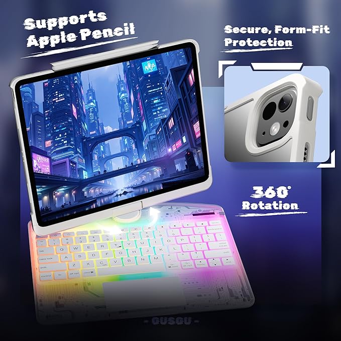 KITONE Transparent Case with Wireless Keyboard for iPad 10.2-in (7th, 8th, and 9th Gen), 7 Colors Backlight, Trackpad, 360°Rotating Stand, Tech Style