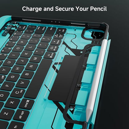 iPad Keyboard Case for 2024 M4 iPad Pro 11 inch, Magic Wireless Keyboard with Trackpad 7 Color Backlit, 360° Rotating Stand Transparent Protective Cover with Pencil Holder (Cyan)