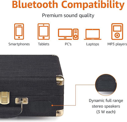 Amazon Basics Portable Suitcase Vinyl Turntable Record Player with Built-in Speakers and Bluetooth, Supports 3-Speed, Black