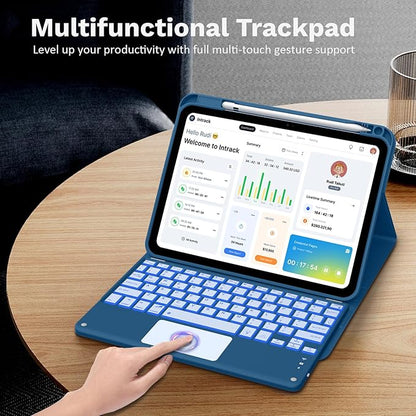 MoKo Touch Keyboard Case for iPad (A16) 11th Generation 11 inch 2025, iPad 10th Generation 10.9 inch Case with Pencil Holder,7 Colors Backlit Multi-TrackPad Detachable Bluetooth Keyboard,Dark Sea Blue