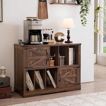 Large Record Player Stand with Vinyl Storage Up to 450 Albums, 39 Inch Farmhouse Brown Walnut Storage Cabinet with Barn Doors, Wood Vintage Mid-Century Turntable Stand for Bedroom, Living Room