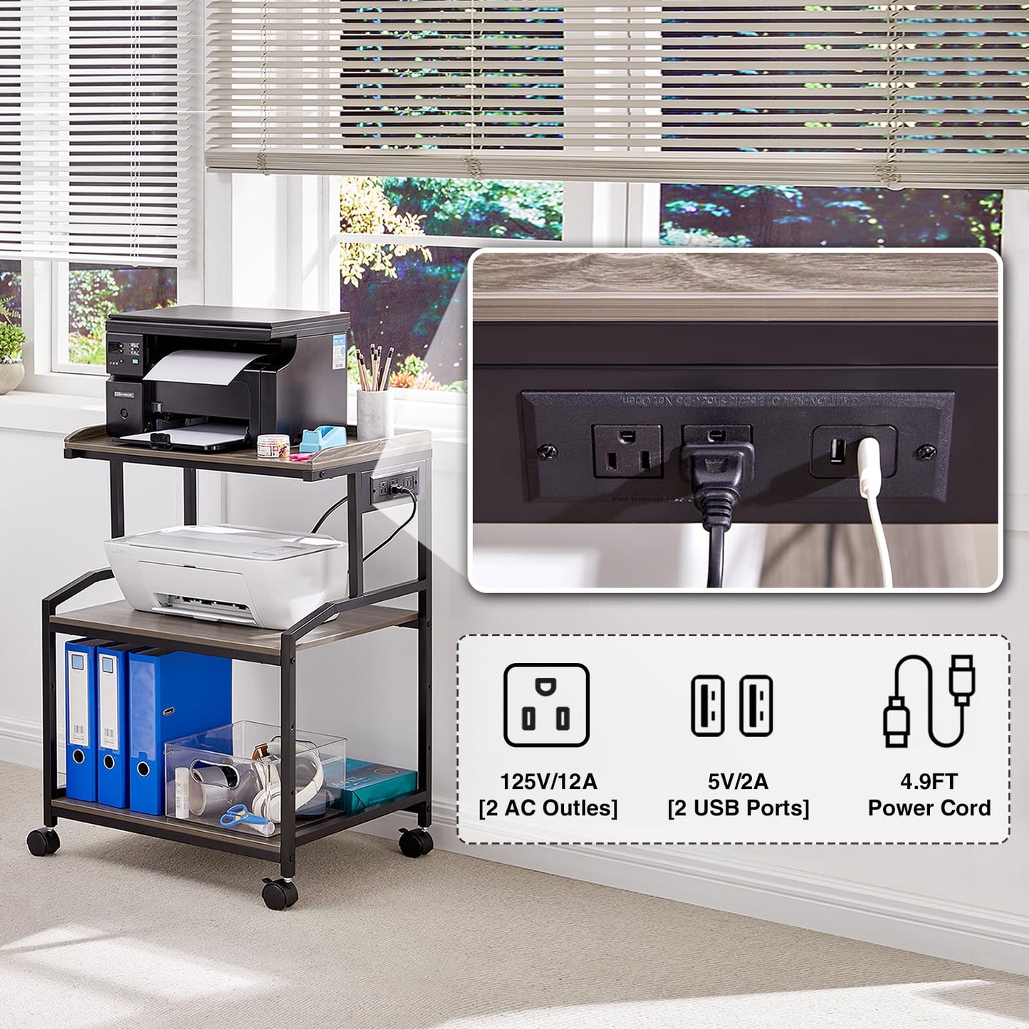 Lauren&Harold 34'' Printer Stand with Power Outlets & USB Ports Grey/Black
