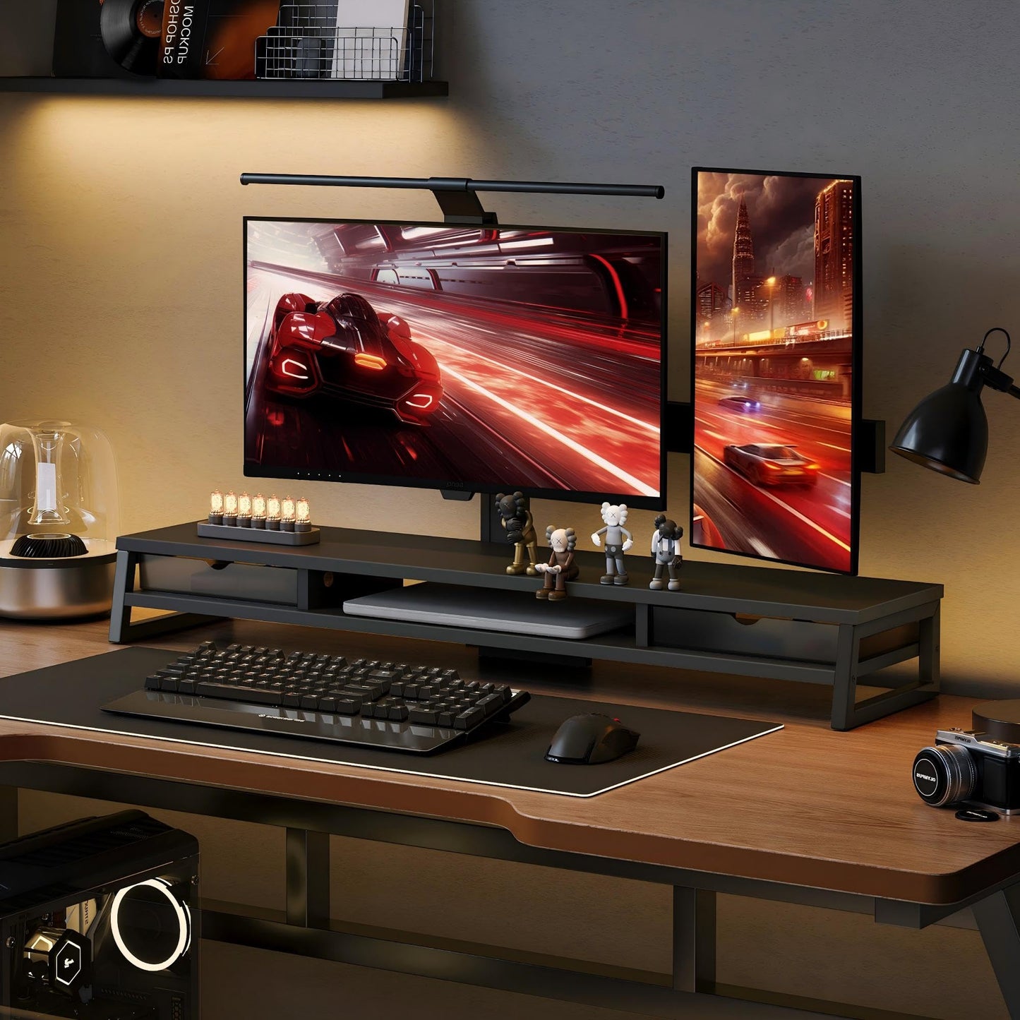 Fenge Dual Monitor Stand Riser, 42.5in Desk Shelf with 2 Drawers, Black
