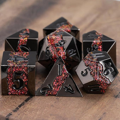Metal DND Polyhedral Dice,Large Stripe Glitter Metallic Dice Set,Antique Silver Dice 7pcs Set for Role Playing Games(Black Nickel Red)