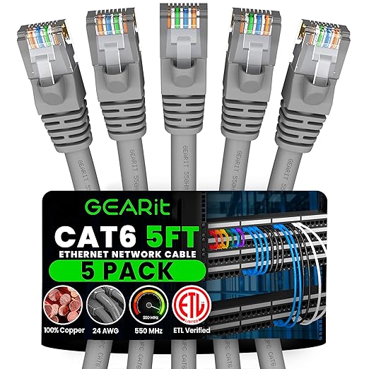 GEARit Cat 6 Patch Cables 5 ft Gray (5 Pack) Cat6 Patch Cables 5ft Gray/Ethernet Patch Cable, 10Gbps 550MHz 24AWG Pure Copper, Snagless, Gold Plated RJ45 for Router, Server, Router, PC