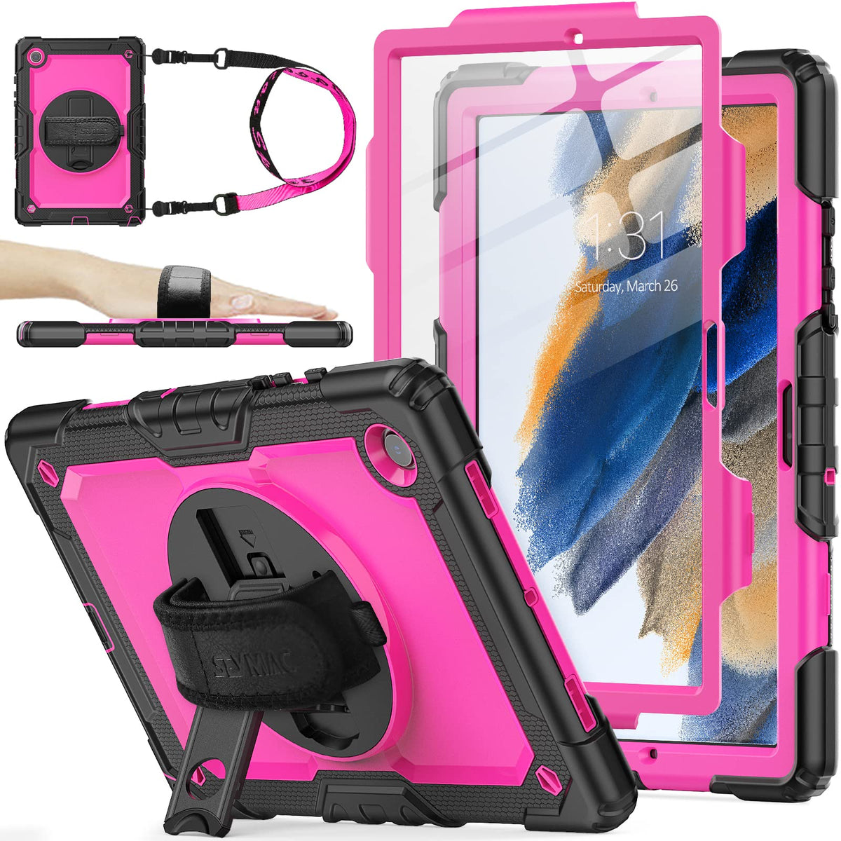 SEYMAC stock Case for Samsung Galaxy Tab A11+ Plus/A9+ Plus 11'', Full-Body Drop Protection Case with Screen Protector Pencil Holder [360° Rotating Hand Strap] &Stand, Purple+Colorful