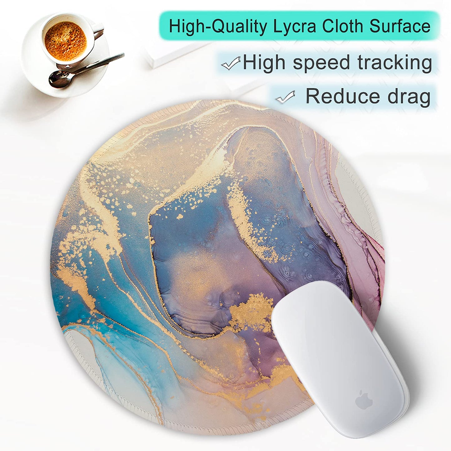 ITNRSIIET Round Mouse Pad with Stitched Edge Premium-Textured Waterproof Non-Slip Rubber Base Desktop Protection Mat Diameter 8.7 inches, Abstract Marble Texture