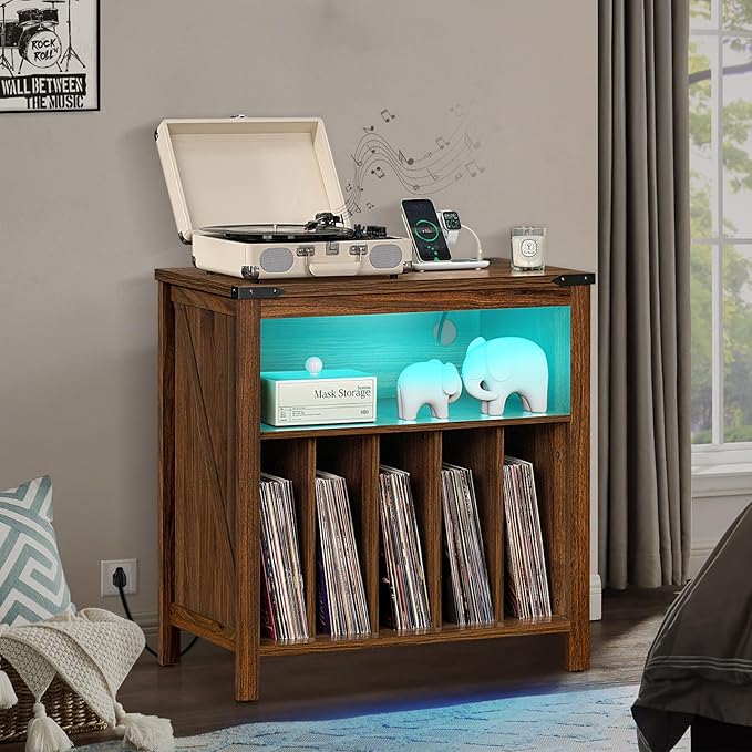 Large Record Player Stand with Charging Station & LED Lights, Vinyl Records Storage Holder Cabinet Holds up to 230 Albums, Turntable Stand for Music Room, Bedroom, Living Room, Office (Brown)
