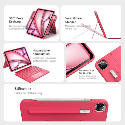 HOU Rotatable Keyboard Case for iPad Air 11 (M3/M2 2025), Magnetic Detachable Case with Keyboard for iPad Pro 11 (4th/3rd/2nd/1st Gen) and iPad Air (6th/5th/4th Gen) with Touchpad, Backlight - Magenta