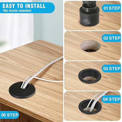 1-3/8" Black Desk Grommet with Bi-Metal Hole Saw, JTemgle Plastic Cable Hole Cover Computer Table Cord Wire Organizer Caps, Desktop Cord Management for Home Office TV Stands Tabletops, 7 Pieces