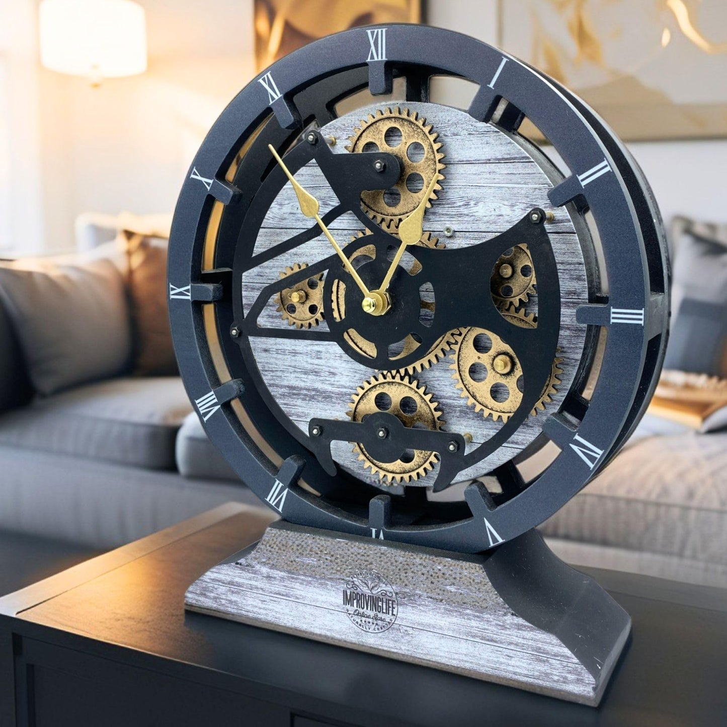 ImprovingLife The Gears Clock Desk Clock 10 inches with Real Moving Gears Convertible into Wall Clock (Silver Glamour)