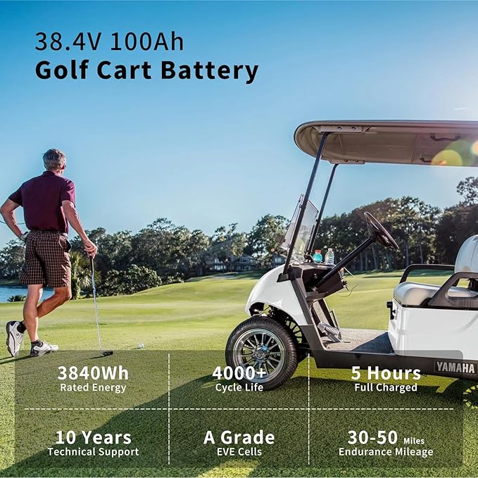 OKMO 36V 100AH Golf Cart Lifepo4 Lithium Battery with 43.8V 22A Charger, Built in 250A Bluetooth BMS, Peak Current 500A(3-5s), Perfect for Golf Cart