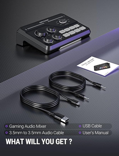 Fifine Gaming Audio Mixer for 7.1ch Surround Sound Headphone Amp-Volume Control-Voice Chat and Streaming-XLR Mic Preamp-USB Plug&Play-Voice Changer-RGB-3 EQ Modes Ampligame SC8