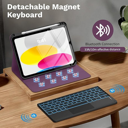 MoKo Touch Keyboard Case for iPad (A16) 11th Generation 11 inch 2025, iPad 10th Generation 10.9 inch Case with Pencil Holder, 7 Colors Backlit Multi-TrackPad Detachable Bluetooth Keyboard, Dark Purple