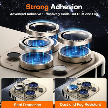 Camera Lens Protector for iPhone 16 Pro Max/16 Pro/15 Pro Max/15 Pro/14 Pro Max/14 Pro, Sapphire Glass Metal Individual Camera Cover Screen, Anti-drop, Case Friendly- Glitter Natural Titanium