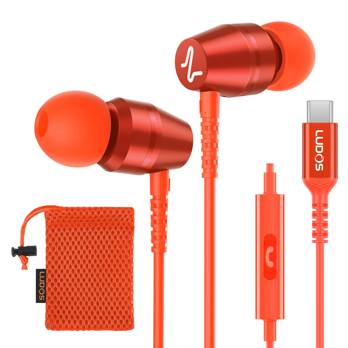 LUDOS OMNITONE Wired Earbuds in-Ear Headphones, 5 Year Warranty, Earphones with Microphone, 3.5 mm Jack Corded Ear Buds, Videoconference for iPhone, Samsung, Laptop, Kids, School Students - Red