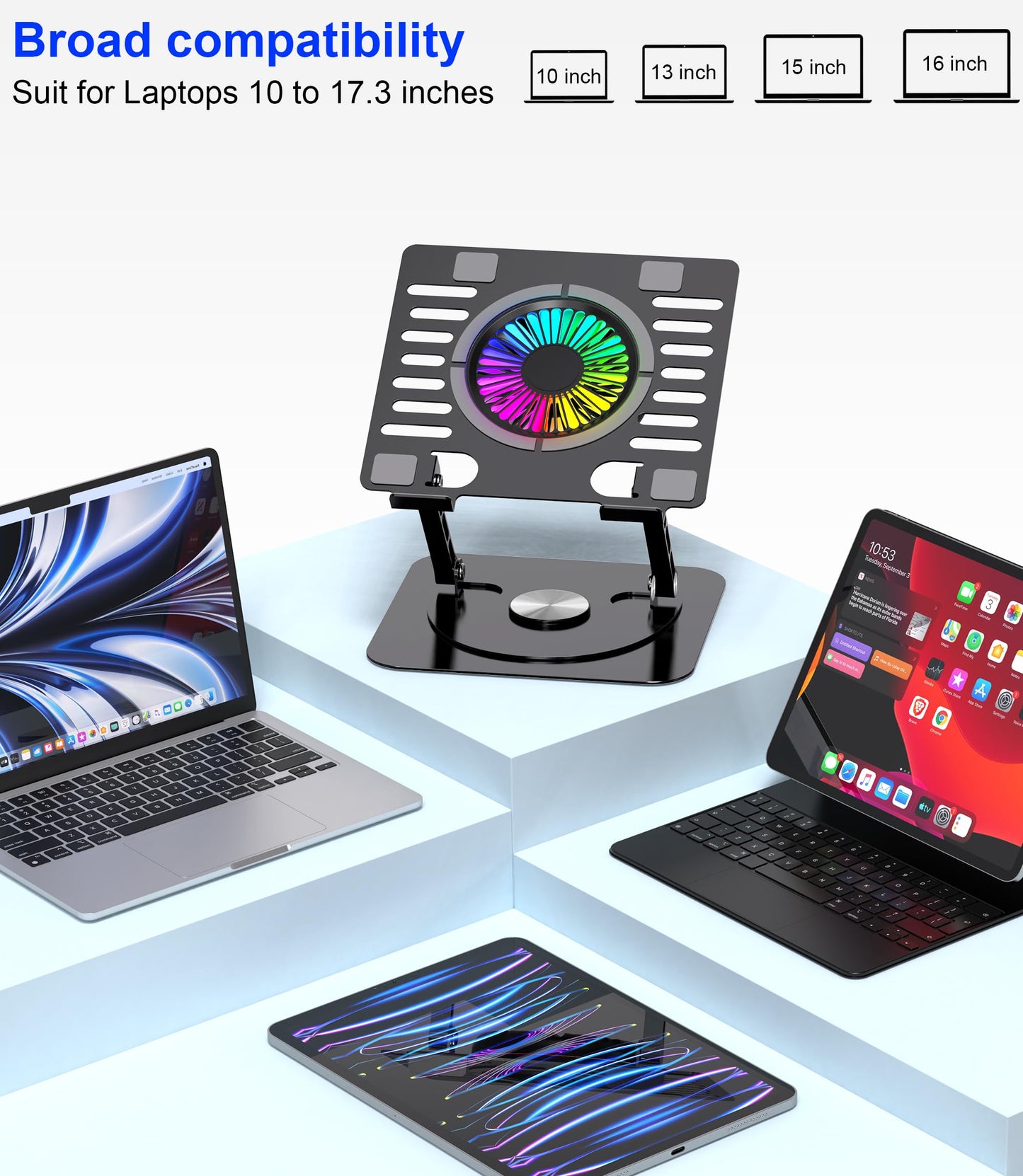 YTech Laptop Stand,with 360°Rotating Base,External Cooling Fan,Adjustable RGB Lighting,Ergonomic Foldable Notebook Computer Holder.Compatible with All 10-17" Laptops Tablets,Black, E0B22-01