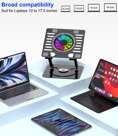 YTech Laptop Stand,with 360°Rotating Base,External Cooling Fan,Adjustable RGB Lighting,Ergonomic Foldable Notebook Computer Holder.Compatible with All 10-17" Laptops Tablets,Black, E0B22-01