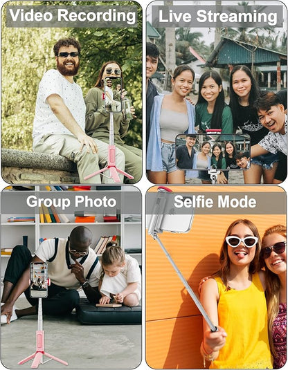 Selfie Stick, Foldable Cellphone Tripod with Remote, Travel Tripod for iPhone Series Android, Video Recording - Pink
