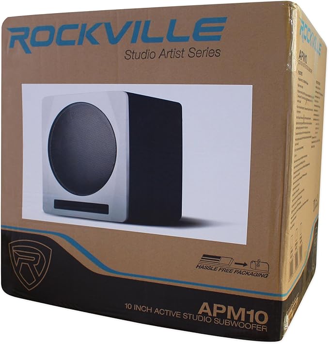 Rockville APM10W Active Studio Subwoofer in White, 10", 400W, MDF Wood, RCA/XLR/Optical, Front-Firing Port, Perfect for Studios and Music Production