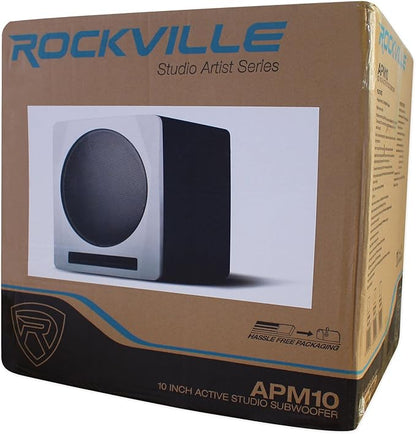 Rockville APM10W Active Studio Subwoofer in White, 10", 400W, MDF Wood, RCA/XLR/Optical, Front-Firing Port, Perfect for Studios and Music Production