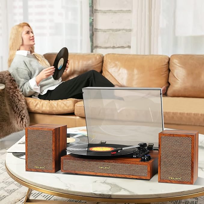 Vinyl Record Player with External Speakers, 3 Speed Bluetooth Turntable for Vinyl Records, Vintage Belt Drive Record Player with Stereo Speakers and Auto Stop, RCA Audio Out and Aux-in,Light Wood
