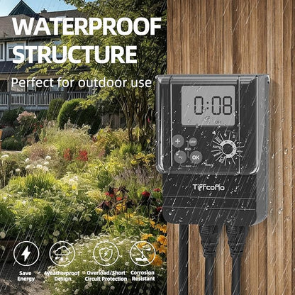 TiFFCOFiO New Digital Outdoor Timer Waterproof, Dial Programmable Method, Outdoor Light Timer with 2FT Extension Cord, 2 Grounded Electrical Outlets for Lights, 6 Sets of Programs, 20A/2500W