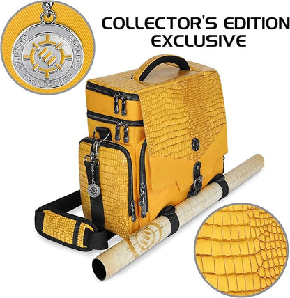 ENHANCE Collector's Edition RPG Adventurer's DnD Bag - Dragon Hide Exterior Travel RPG Bag with Tabletop Miniatures Storage Vault, Mat Holder, DnD Dice & Token Pockets, Fits 4-8 Books (Dragon Gold)