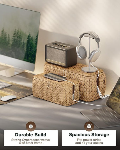 BLUEWEST Pack 2 Large Cable Management Box, Wicker Hyacinth Rattan Cable Organizer and Cover with 2 Open Slots and Safety Lock for Under Desk Power Strip, TV Wires, Computer, Router, USB Hubs