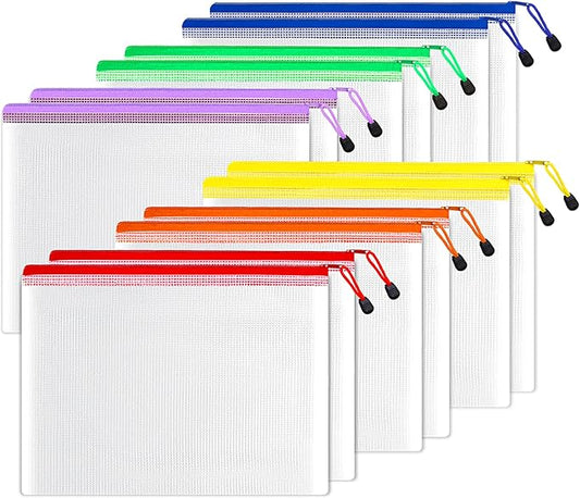 SUNEE Plastic Mesh Zipper Pouch 7.8x10.8 in (6 Colors, 12 Packs), Small Water-Resistant Zip Bag for School Office Supplies, Pencil Organizing Storage