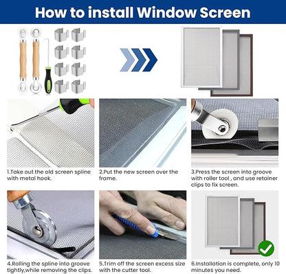 4 in 1 Screen Repair Kit, Screen Roller Tool Kit Inlcuded Metal/Nylon Screen Roller Tool, Spline Removal Hook and Screen Clips, Screen Repair Tool for Installing Door Window Mesh