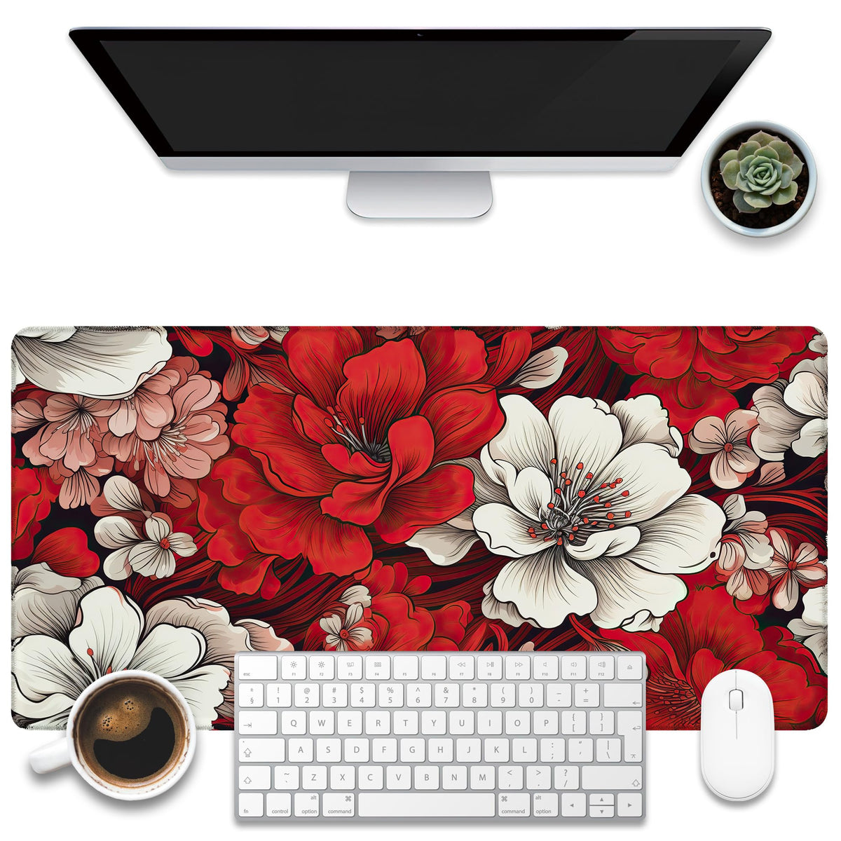 KOAIWPAE Desk Mat, Watercolor Pink Flowers Desk Pad, Green Leaves Flowers Large Gaming Mouse Pad for Desk, 31.5"x15.7" Extended Big Computer Keyboard Mouse Pad with Non-Slip Base and Stitched Edge