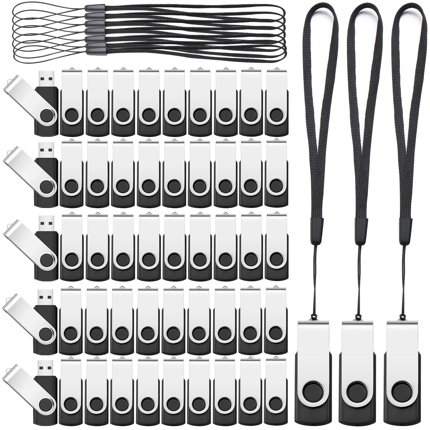 Aoriher 50 Pack USB 2.0 Flash Drives Bulk with Lanyards, Black, 128mb