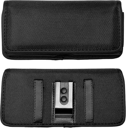 Nylon Cellphone Holster for iPhone 11 Pro Max, XS Max,8/7 Plus, Samsung Galaxy s22,S23,S24 TCL 40 xe, ion x, ion v - Horizontal Case Canvas Waist Carrying Pouch with Belt Clip/Loops, Black