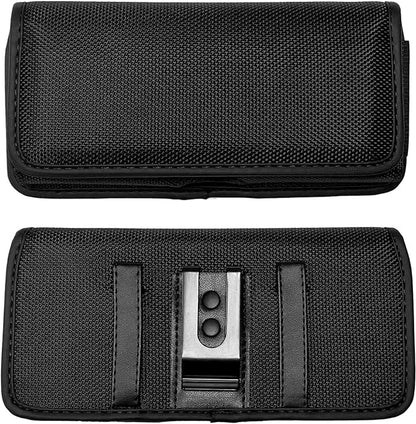Nylon Cell Phone Holster for Google Pixel 5, Alcatel Insight, Tetra, Verso, Samsung Galaxy S10e, J3, LG Aristo 3/2 - Horizontal Case Canvas Waist Carrying Pouch with Belt Clip/Loops, Black