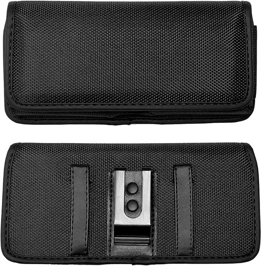 Nylon Cell Phone Holster for Google Pixel 5, Alcatel Insight, Tetra, Verso, Samsung Galaxy S10e, J3, LG Aristo 3/2 - Horizontal Case Canvas Waist Carrying Pouch with Belt Clip/Loops, Black