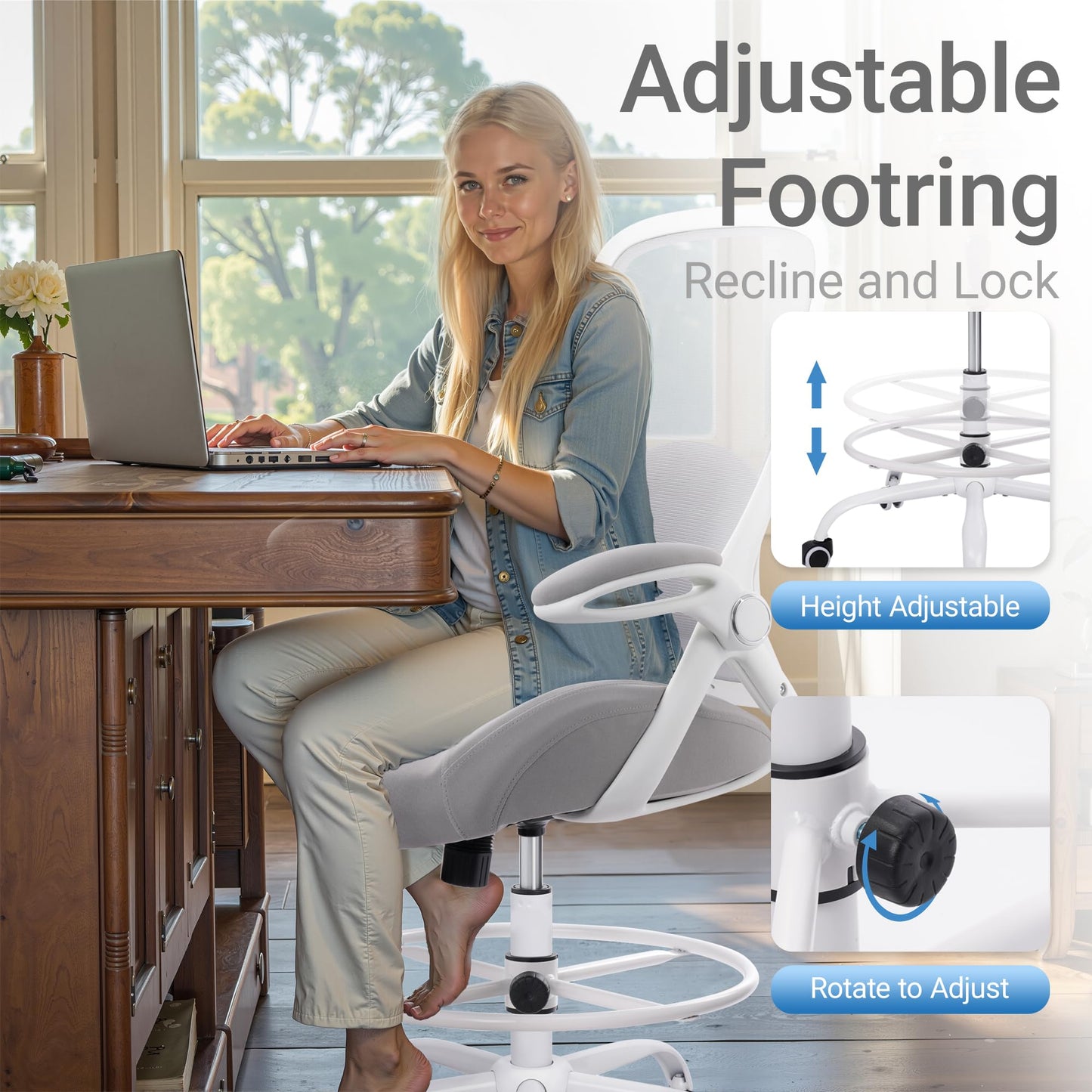 HYLONE 400lbs Heavy Duty Drafting Chair 5" Thickened Seat Office Chair with Flip-Up Armrests Tall Ergonomic Computer Chair with Lumbar Support and Adjustable Footrest Ring Standing Desk Chair (Grey)