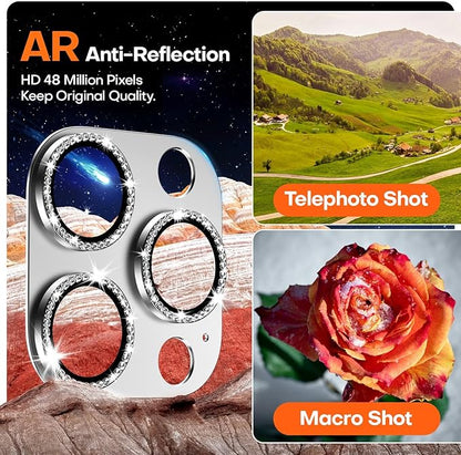 Camera Lens Protector for iPhone 16 Pro Max/16 Pro/15 Pro Max/15 Pro/14 Pro Max/14 Pro, Aluminum Alloy Sapphire Glass Camera Screen Cover, Case Friendly-Silver Diamond