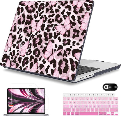Mektron Case for 2025 MacBook Pro 16" M4 A3403 A3186 M3 A2991 M2 A2780 M1 A2485 (2021/2023/2024) Pro/Max with Touch ID, Hard Shell Plastic Laptop Cover Keyboard Cover, Leopard Pink Butterfly