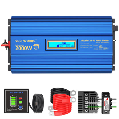 Power Inverter 2000w DC 12V to AC 120V ETL UL458 Compatible with Lithium Battery for Off-Grid Solar Car RV Truck Boat with LCD Display Remote Control 2 AC Outlets Dual 2.4A USB Ports by VOLTWORKS